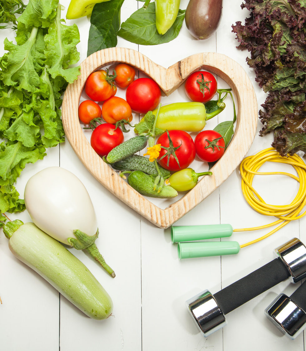 Healthy lifestyle concept. Eat fruits and vegetables and workout